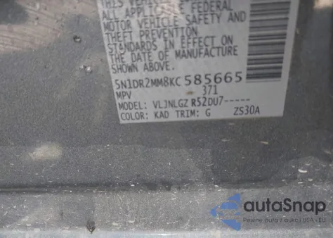 2019 Nissan Pathfinder Sl из США, поврежденный, VIN 5N1DR2MM8KC585665